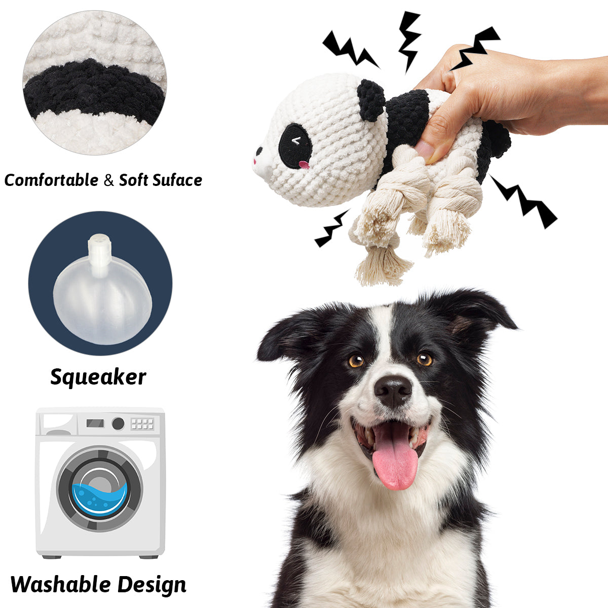 Beniqu Waterproof Teething Panda Dog Plush Squeaky Toys
